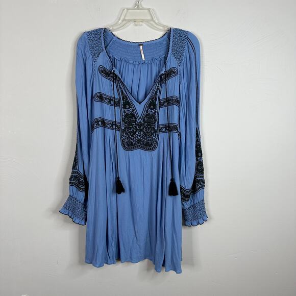 Free People Wind Willow Embroidered V-Neck Mini Dress Blue - Picture 2 of 7